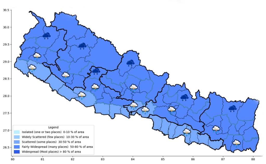 आज केही स्थानमा साधरणतया बादल लागे पनि मौसम मुख्यतया सफा रहने